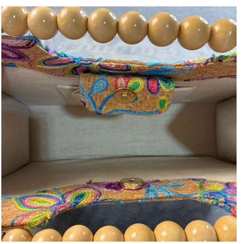 Floral Embroidered Cork Handbag Wooden Bead‎ Top Handle Satchel Tan Multi